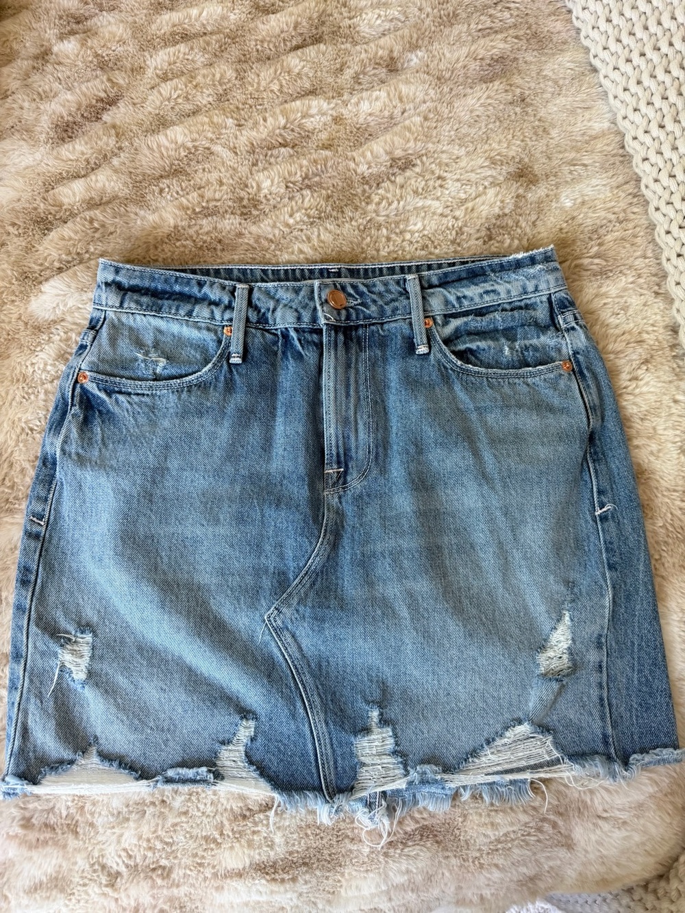 Good American Light Blue Distressed Denim Mini Skirt
